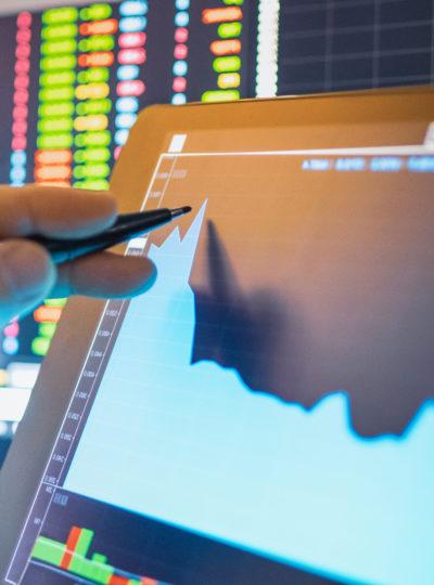 Business professional looks at a chart on a computer screen